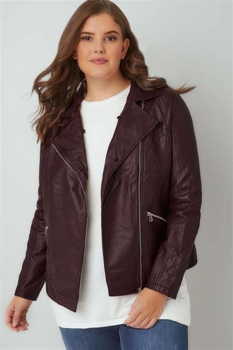 burgundy pu leather look biker jacket with faux fur collar plus size 16 to 36