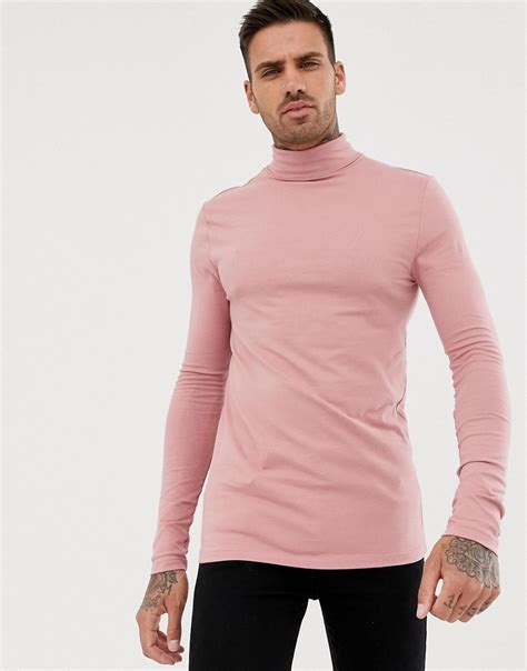 Asos Design Muscle Fit Long Sleeve T Shirt With Roll Neck In Pink 9
