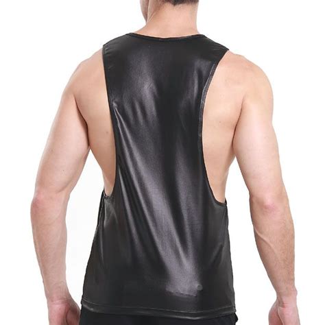 Faux Leather Mens Workout Tank Tops Fitness Bodybuilding Clothing Black