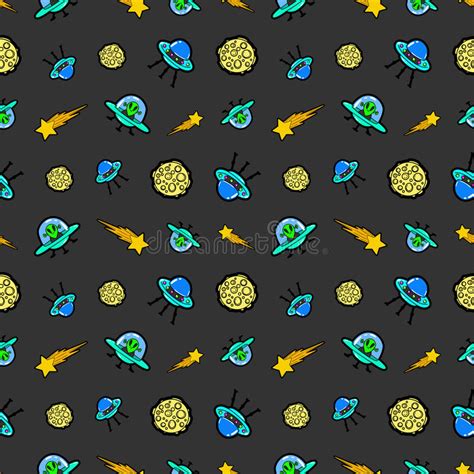 Space Ships Planets And Stars Seamless Pattern Ufo Background Stock