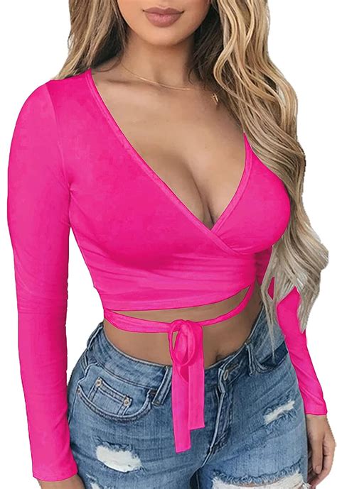 Buy Artfish Women Sexy Deep V Neck Crop Top Bandage Wrap Tie Tight Cropped Fitted Cleavage