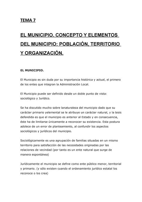 Tema 7 El Municipio Tema 7 El Municipio Concepto Y Elementos Del