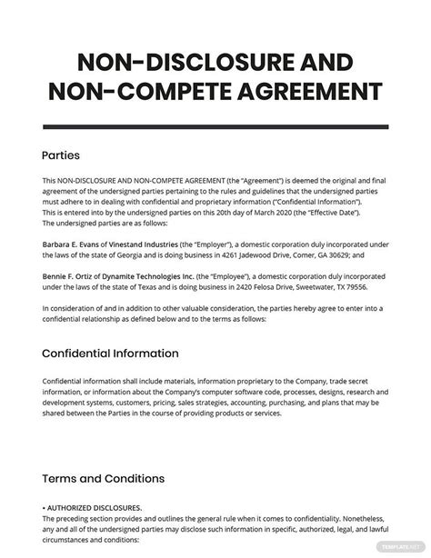 Nondisclosure And Noncompete Agreement Template