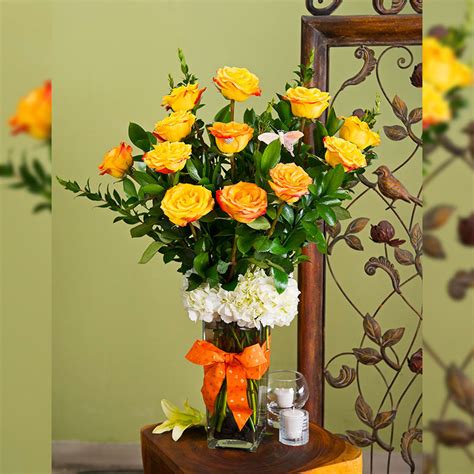 Savannah Dozen Yellow And Orange Roses In A Tall Vase In Torrance