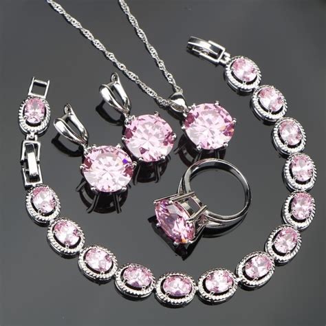 Lovely Pink Stones Silver 925 Costume Jewelry Sets For Women Girl Set