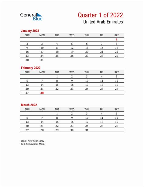 Q1 2022 Quarterly Calendar With United Arab Emirates Holidays Pdf