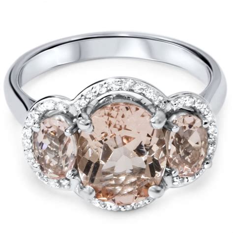 Visit the dazzlingrock collection store. 2 3/4ct 3 Stone Oval Morganite & Diamond Halo Ring 14K White Gold | eBay