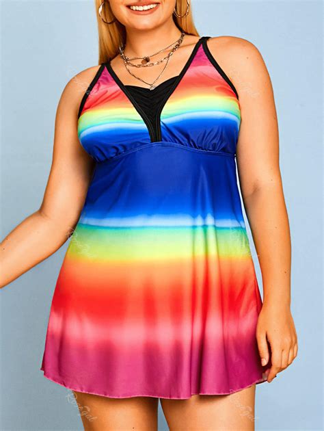 Plus Size Rainbow Color Modest Tankini Swimwear Off Rosegal