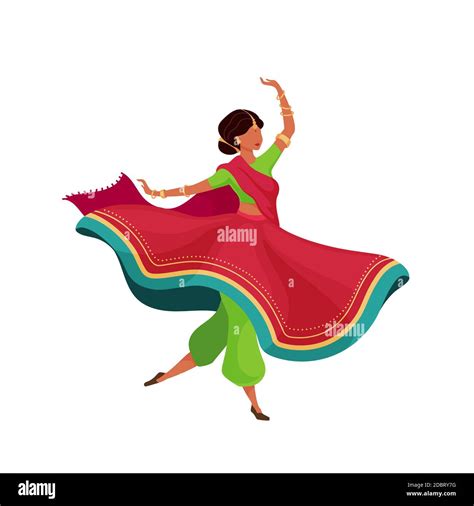 Woman In Flowing Sari Flat Color Vector Faceless Character Dynamic Dancing Pose Indian Female
