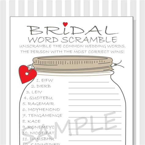 Bridal Word Scramble Printable Game Cards Bridal Shower Diy