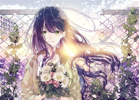 Anime Girl Fence Rooftop Flowers Smiling Sunlight Anime Hd