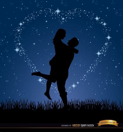 Silhouette Of A Couple Hugging With Love On The Bush There Is A Night