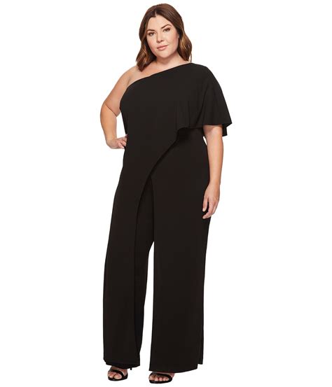 adrianna papell plus size one shoulder flutter sleeve jumpsuit with side slit leg at
