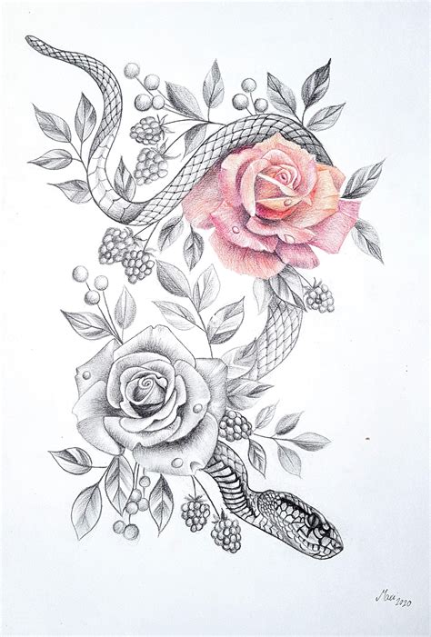 Snake With Roses En 2021 Tatuajes De Rosa En El Muslo Tatuajes De