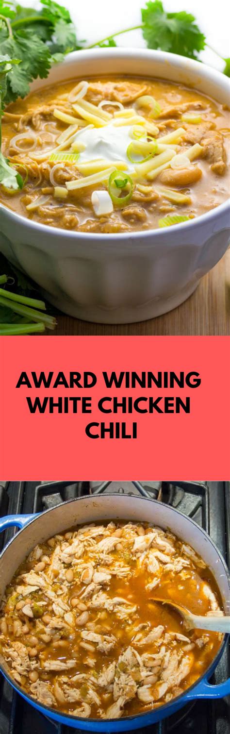 Some white chili is vegetarian, without an ounce of chicken in sight. AWARD WINNING WHITE CHICKEN CHILI | Breakfast crockpot recipes, Easy chicken dinners, Healthy ...