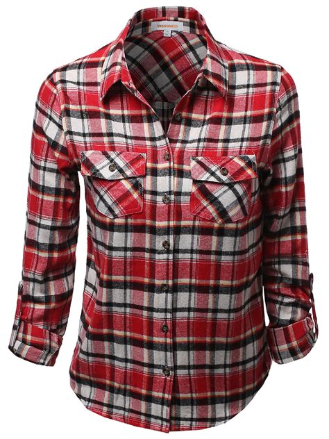 Womens Flannel Plaid Checker Roll Up Sleeves Button Down Shirt