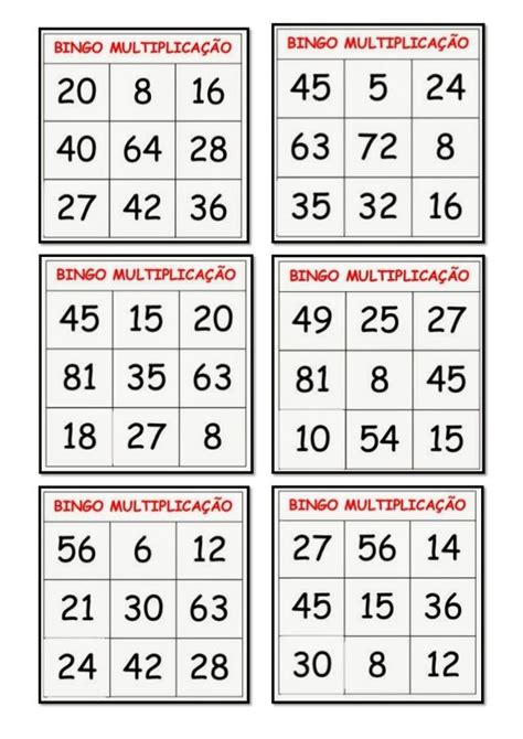 Bingo Da Multiplicação Bingo Multiplicação Tabuada