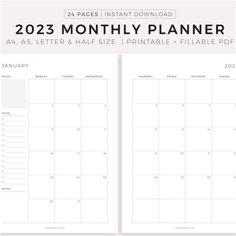 2023 Monthly Planner Printable Month On Two Pages A4 A5 Etsy Ireland