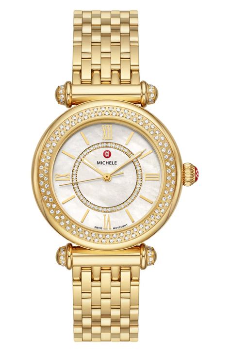 Michele 18k Gold Plated Caber Three Hand Diamond Bracelet Watch 35mm