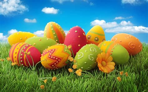 Beautiful Painted Easter Eggs On The Grass Happy Holiday