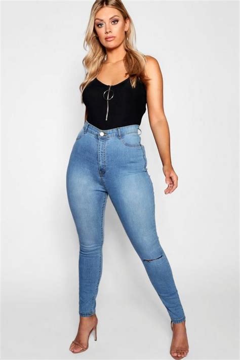 Plus One Ripped Knee High Rise Jegging Boohoo Ripped Knee Jeans High Jeans High Waist Jeans