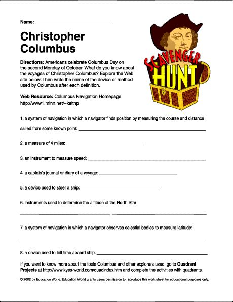 Scavenger Hunt Christopher Columbus Worksheet Education World