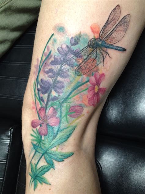 Wild Flowers With Dragonfly Tattoo Done By Christina Walker At Lucky