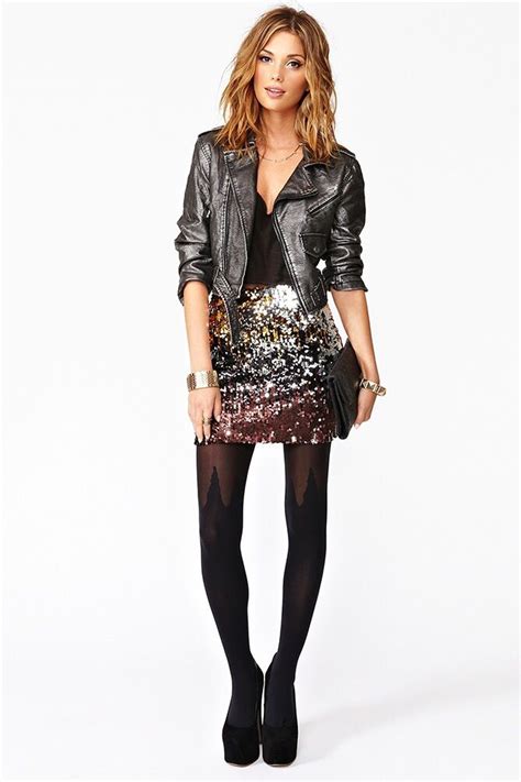 Sequin Mini Skirt Leather Hack Black Tights And High Heels Fashion Outfits Womens Fashion