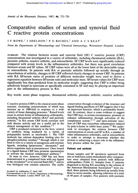 Pdf Comparative Studies Of Serum And Synovial Fluid C Reactive