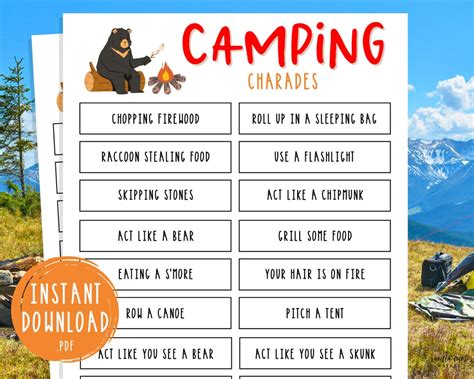 Camping Charades 33 Charade Ideas Printable Campground Party Games