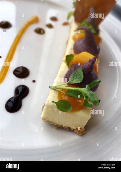 Gourmet Presentation Of Cheesecake Dessert With Edible Decorations At An Upscale Manhattan