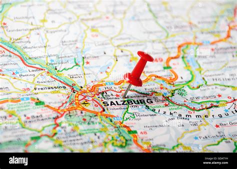 Close Up Of Salzburg Austria Map With Red Pin Travel Concept Stock