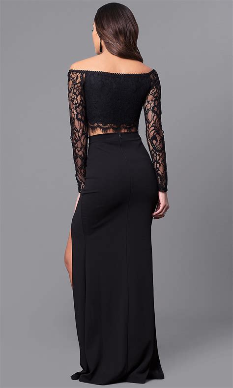 Long Sleeve Two Piece Black Lace Prom Dress Promgirl