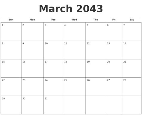 March 2043 Free Calendar Template