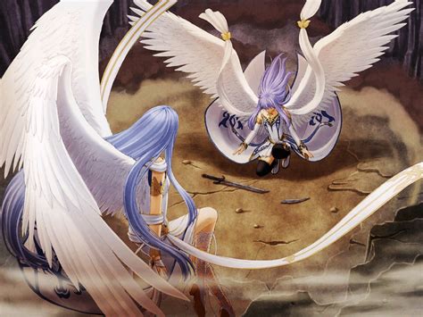 2girls Angel Feena Long Hair Purple Hair Reah Skirt Sword Twins Weapon