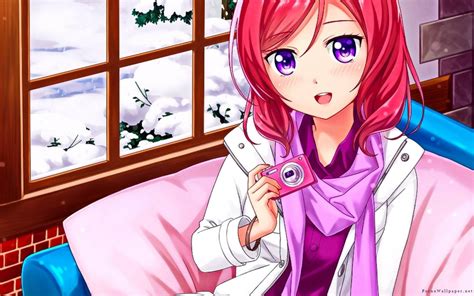 Pink Hair Purple Eyes Anime Anime Girls Smiling Snow Nishikino