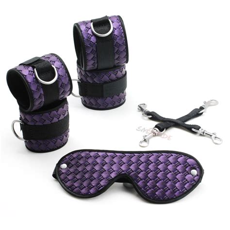 smspade purple pu bondage restraint kit fetish hog tied kit handcuffs ankle cuffs blindfold