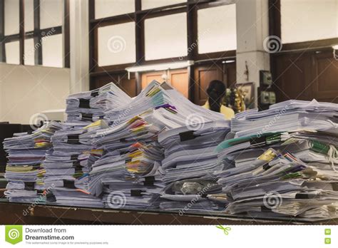 Pile Of Documents On Desk Stack Up High Stock Image Image Of Business