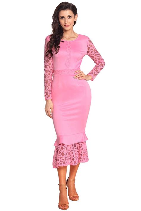 Pink Hollow Out Ruffle Long Sleeve Bodycon Lace Midi Dress Midi Dress
