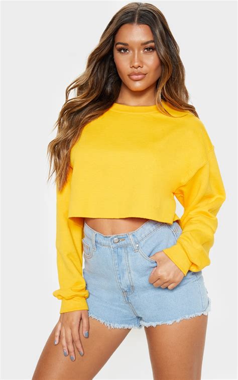 Yellow Ultimate Cropped Sweatshirt Tops Prettylittlething Usa