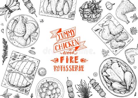 Chicken Meat Grilled And Fried Chicken Hand Drawn Sketch Illustration