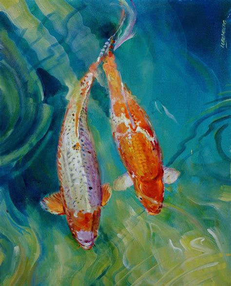 Two Orange And White Koi Fish Swimming In The Water