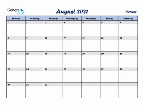 August 2021 Calendar With Norway Holidays