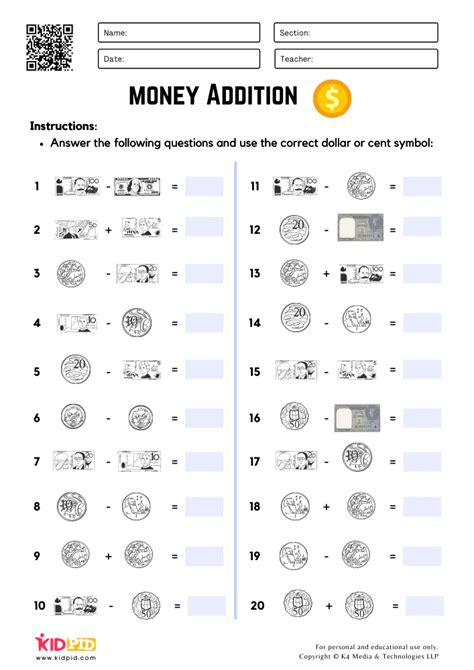 Money Addition And Subtraction Worksheets Kidpid