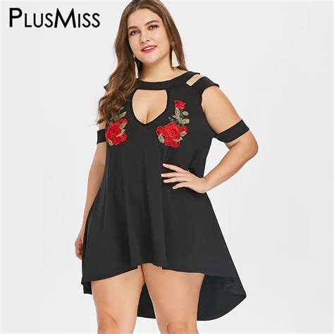 Plusmiss Plus Size 4xl Xxxxl Xxxl Flower Embroidered Cold Shoulder Sexy Mini Short Dress Women