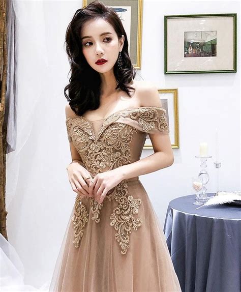 Unique Champagne Tulle Off Shoulder Long Prom Dress Tulle Evening