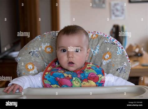 Month Old Baby Girl Sitting In High Chair Stock Photo Alamy