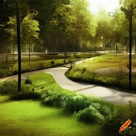 Modern Urban Park Design With Green Spaces And Recreational Areas On