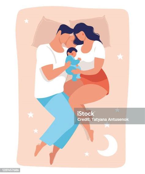Eine Junge Familie Schläft Mit Einem Kind Papa Und Mama Schlafen Auf Dem Bett Und Umarmen Das