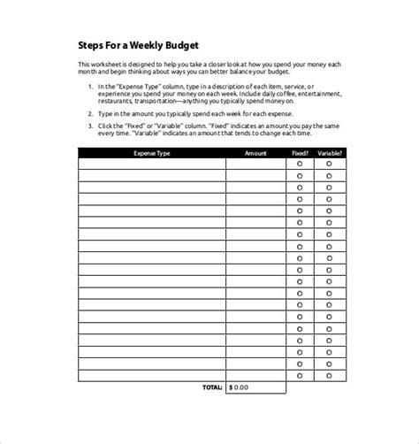 Weekly Project Budget Template